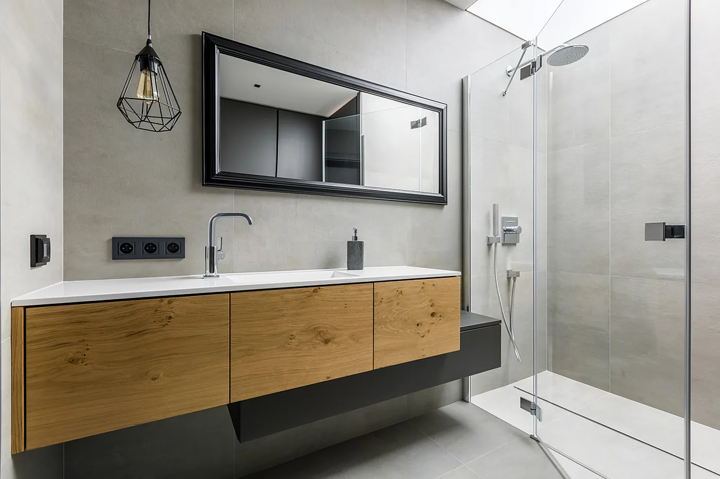 Custom bathroom vanity with natural wood cabinetry built in Harrison, Idaho