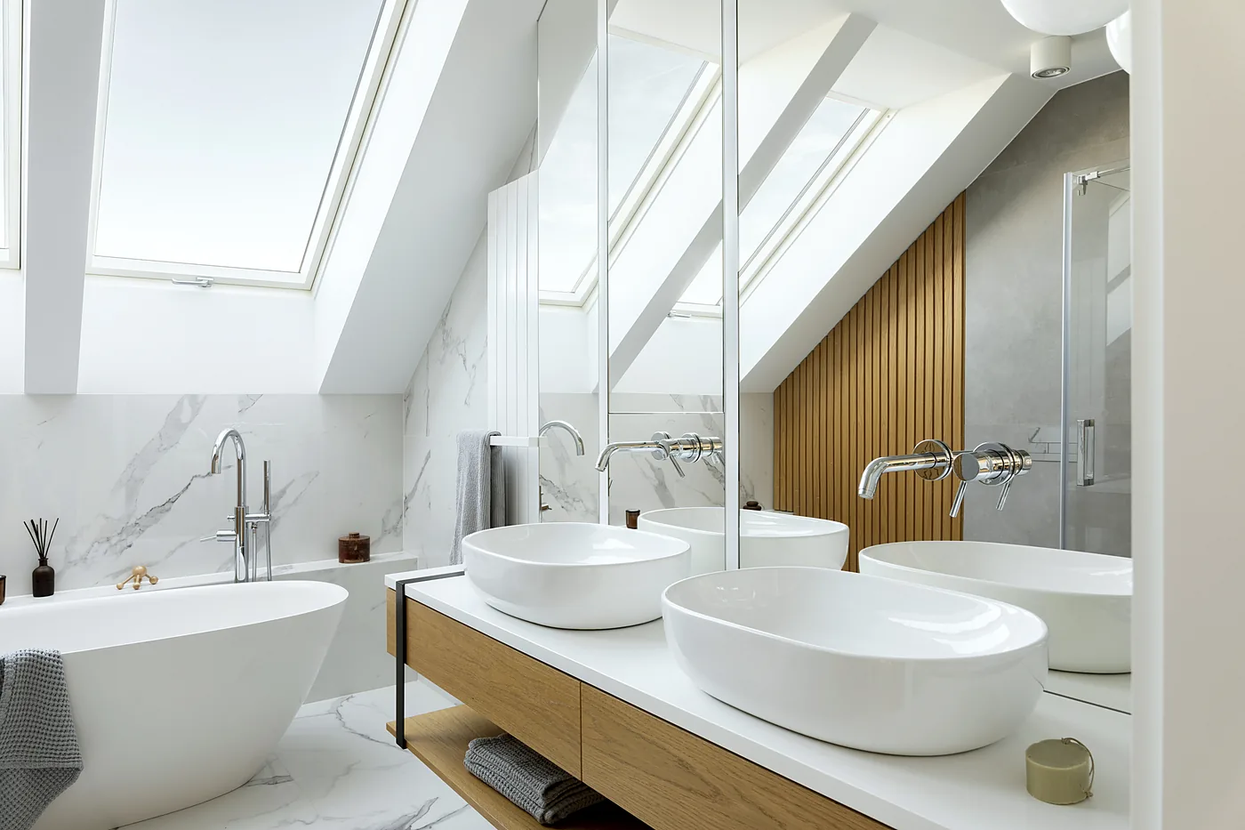 Luxury bathroom remodel with skylights and freestanding tub in Harrison, ID