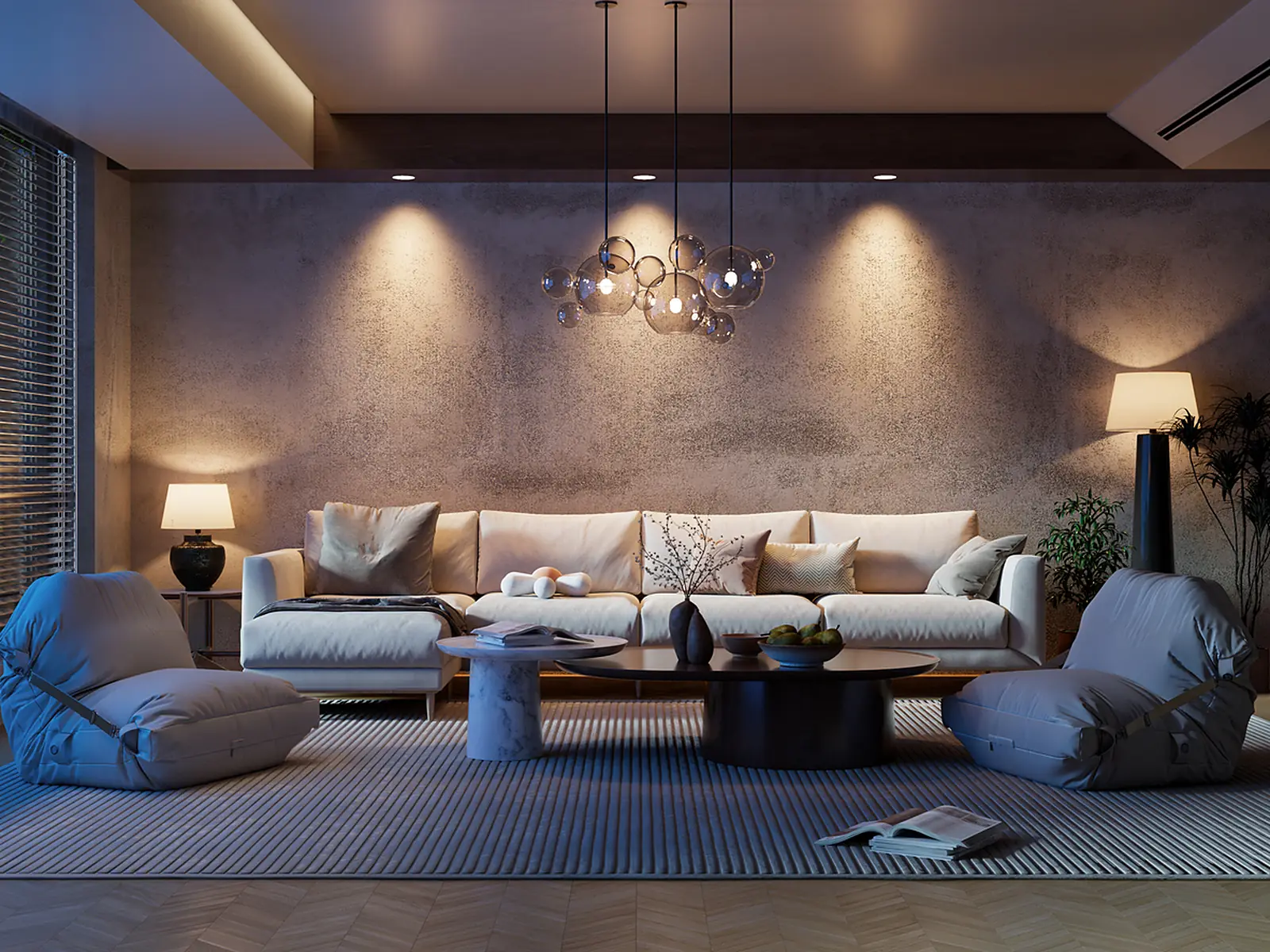 Warm living room in a custom North Idaho lake home at dusk