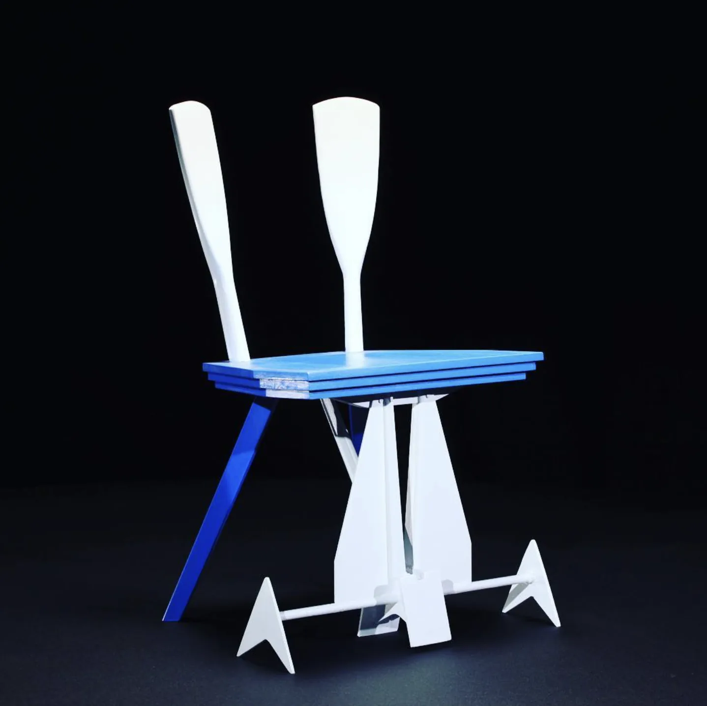 Sculptural studio chair in white and blue lacquered finish, custom art furniture by Curtis Rew